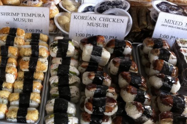 Assorted musubi at the farmers market