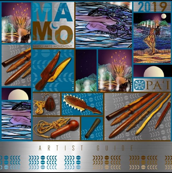 MAMo 2019 artist guide cover by graphic artist Shane Pale featuring artwork from Umi Kai and Haley Kailiehu.