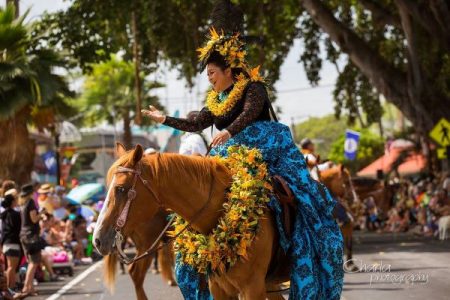 Colorful Pa'u horseback rider in the 2016 King Kamehameha Day Parade in Kailua-Kona