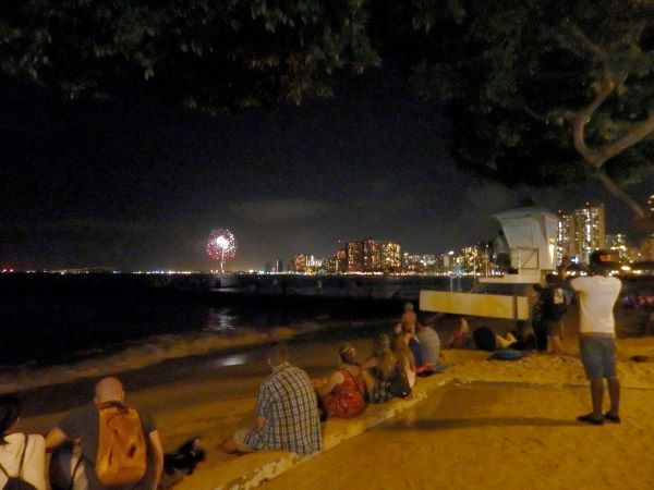Fourth of July 2016 Fireworks Show seen from Queens Beach lifeguard tower on Waikiki Beach