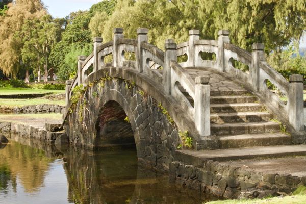 Stone bridge in the Liliʻuokalani Japanese garden in Hilo, Hawaii