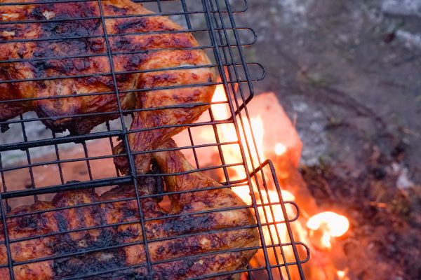 grilling chicken over fire