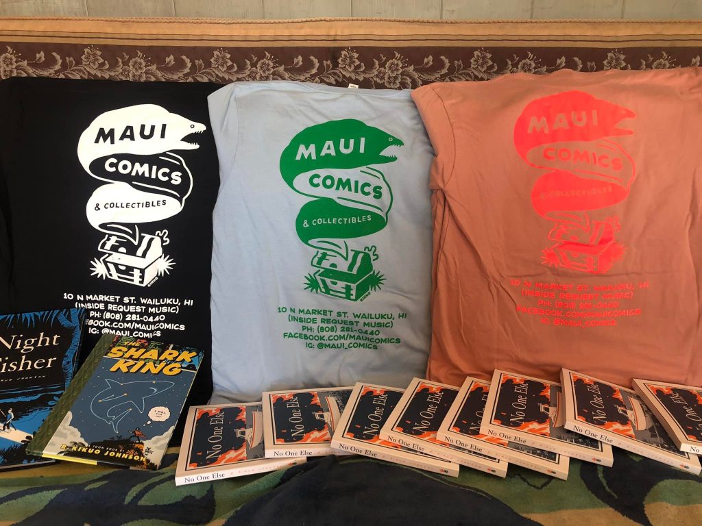 Maui Comics & Collectibles logo and t-shirt (designed by award-winning cartoonist R Kikuo Johnson) debuted at MAUI Comic Con 2021