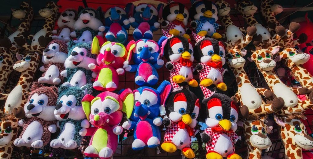 stuffed animal game prizes at a state fair