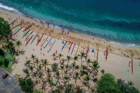 aerial view of outriggers on the beach in Maui