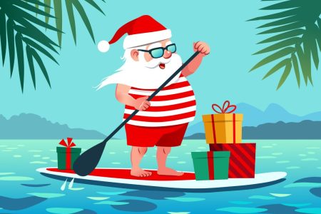 Santa on paddleboard with gifts