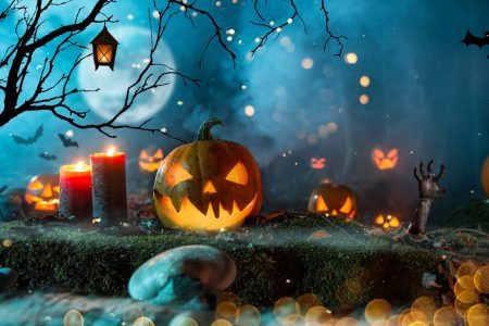 Halloween pumpkins in dark spooky forest.