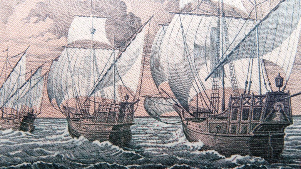 Columbus caravels (sailing ships), Niña, Pinta, and Santa Maria engraved on an Italian lira banknote