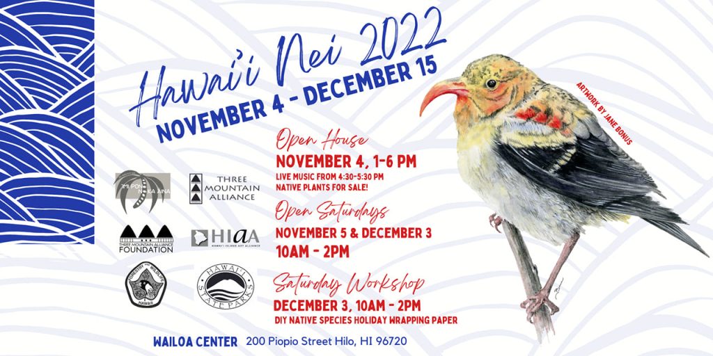 Banner for Hawaii Nei 2022 art exhibition - opening night - in Hilo