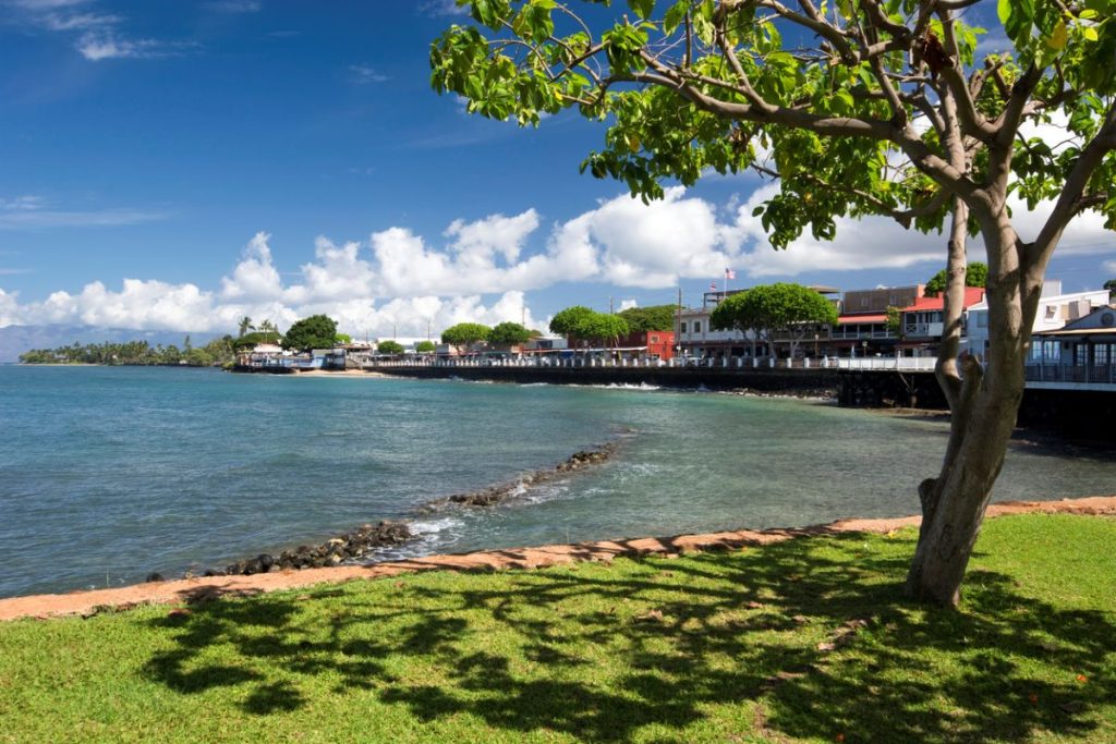View from the water of Lahainaʻs Front Street, Maui, Hawaii