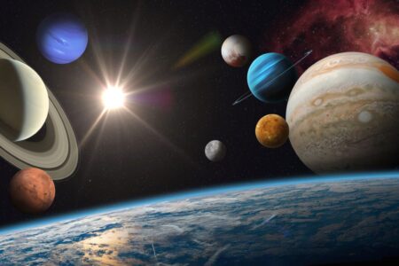 Earth and solar system planets, sun, stars.