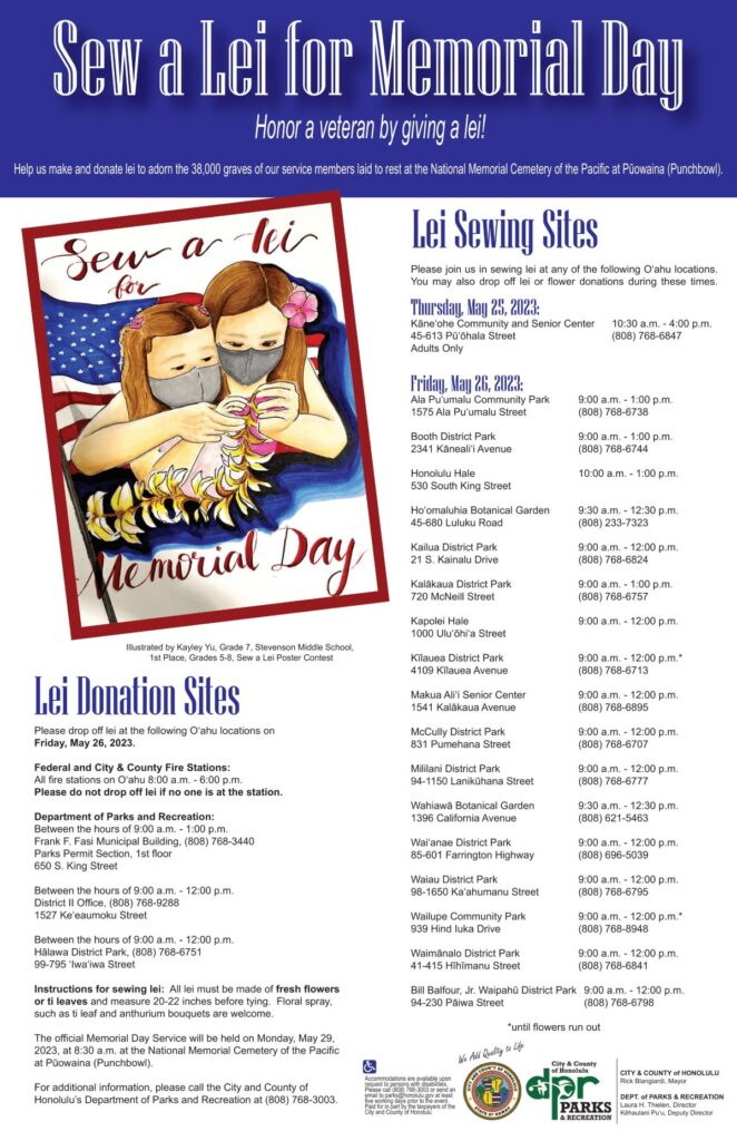 Poster of dates and locations for Sew a Lei for Memorial Day 2023 Honolulu Parks
