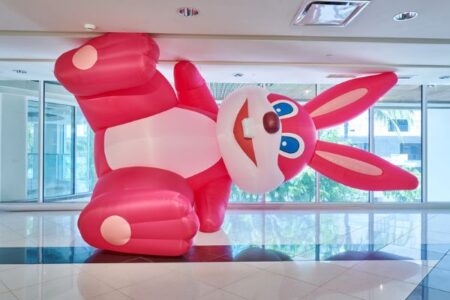 Large Pink Rabbit artwork "Somehow, I Don’t Feel Comfortable" by artist Momoyo Torimitsu