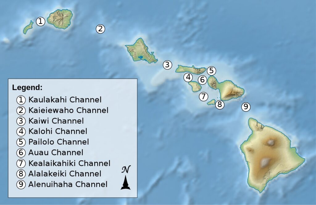 Map of the 9 main channels between the Hawaiian Islands