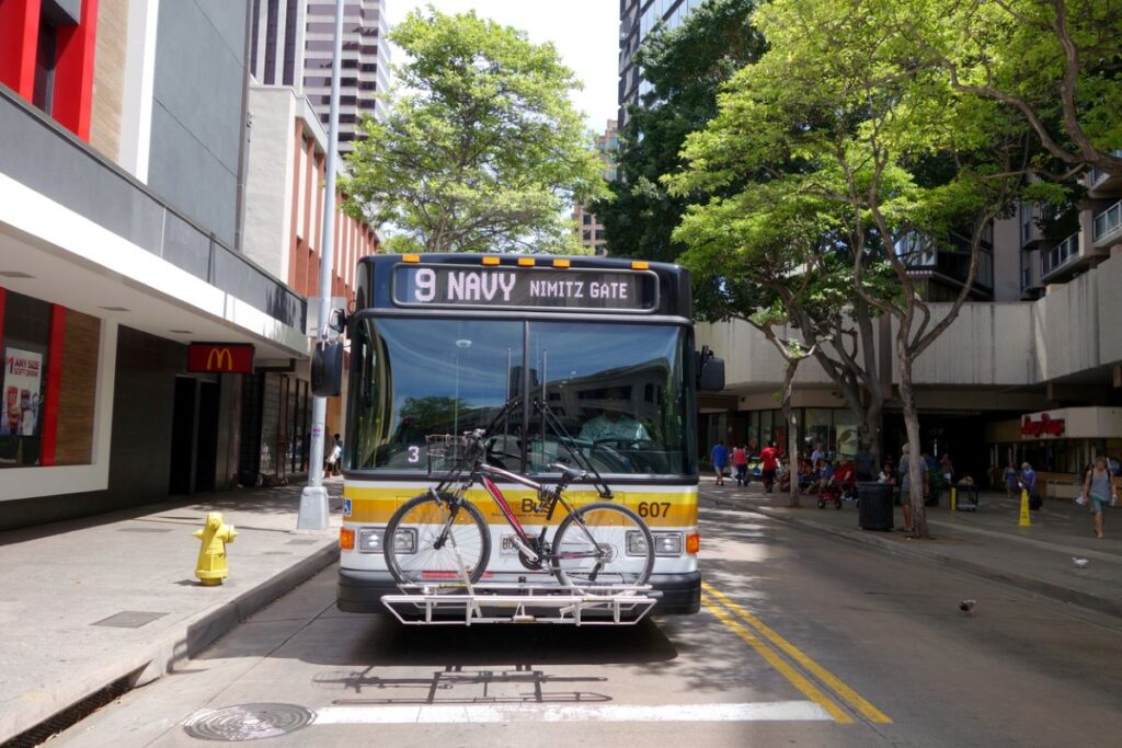 TheBus on Oahu to Navy base with bicycle on the front rack