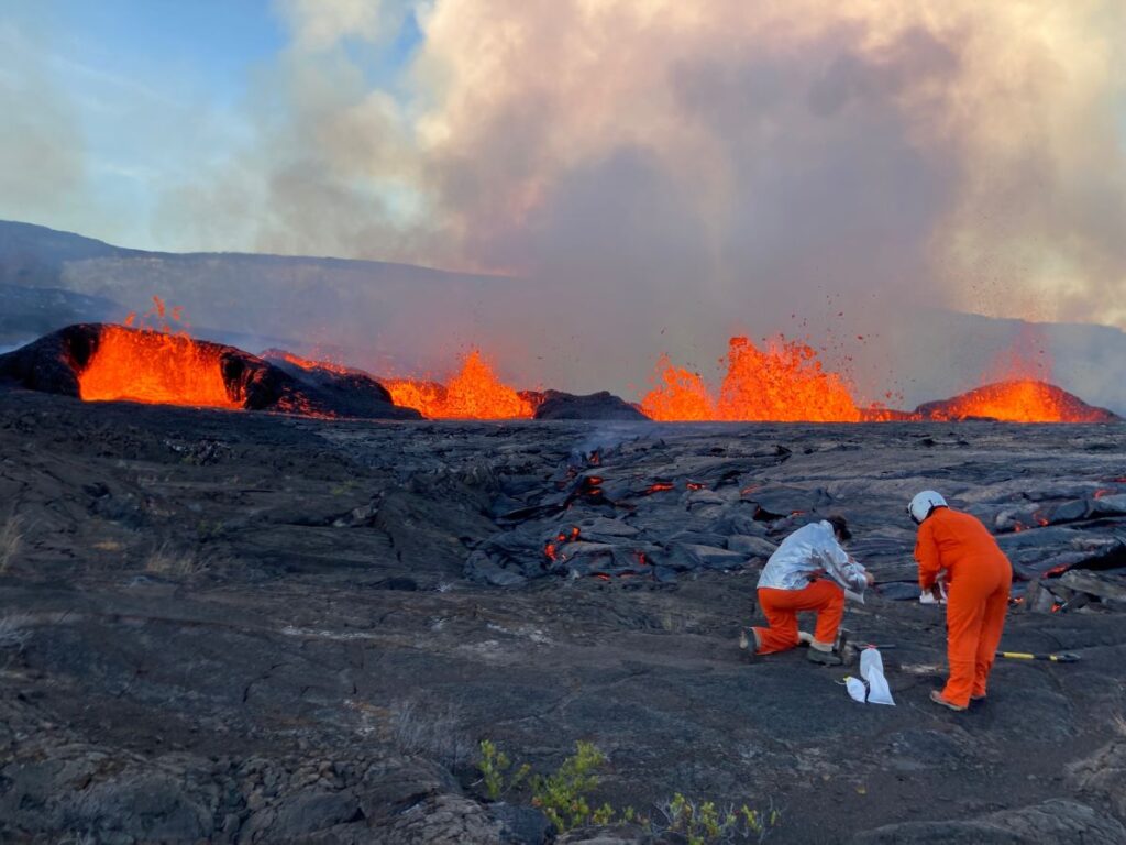Hawaiian Volcano Observatory geologists collecting newly erupted material September 11, 2023