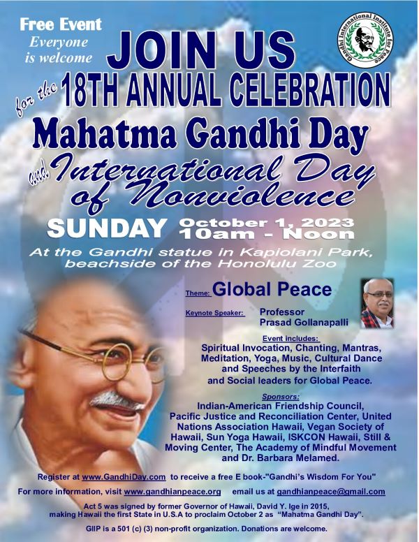 poster for Mahatma Gandhi Day 2023 Kapiolani Park