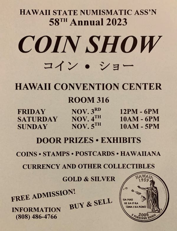 Poster for Hawaii Coin Club Nov 2023 show