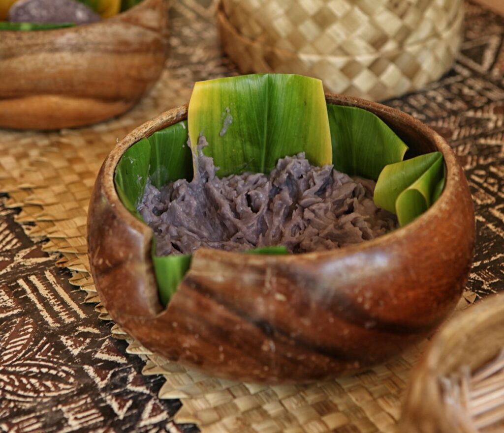Wooden bowl of Hawaiian poi 