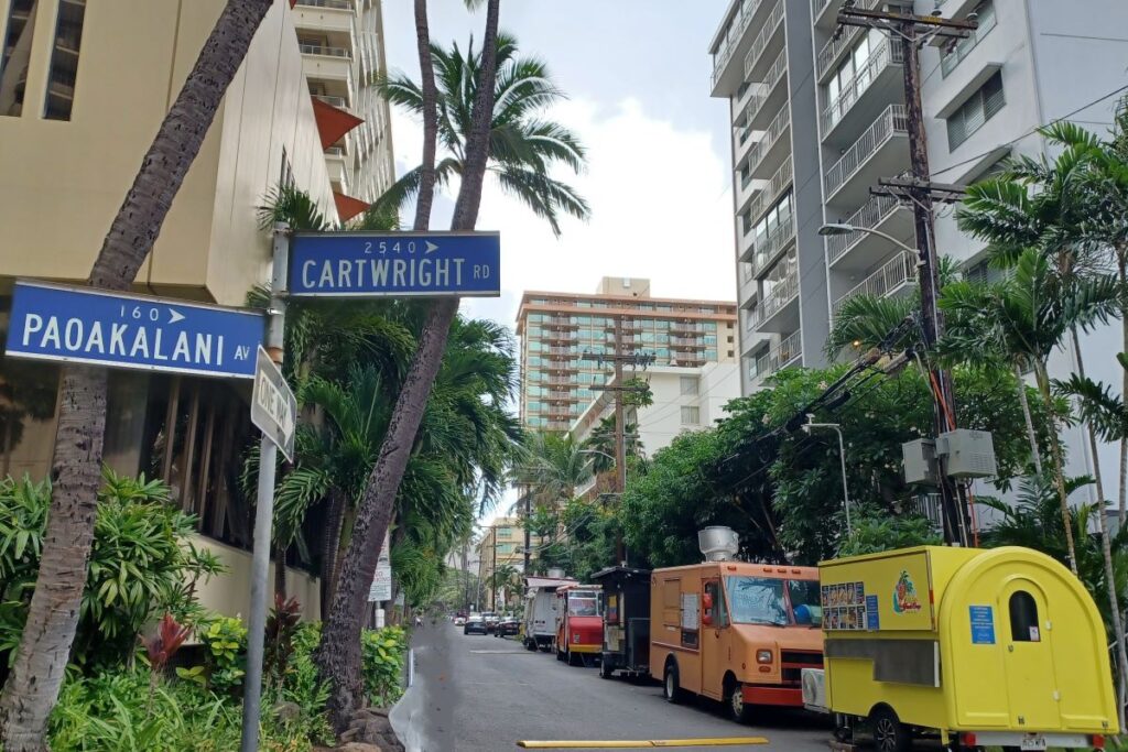 Food trucks on Cartwright Road, between at Paoakalani and Kapahulu Ave