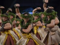 Hula kahiko dancers from Hālau o Kekuhi on stage at the Merrie Monarch Festival 2017