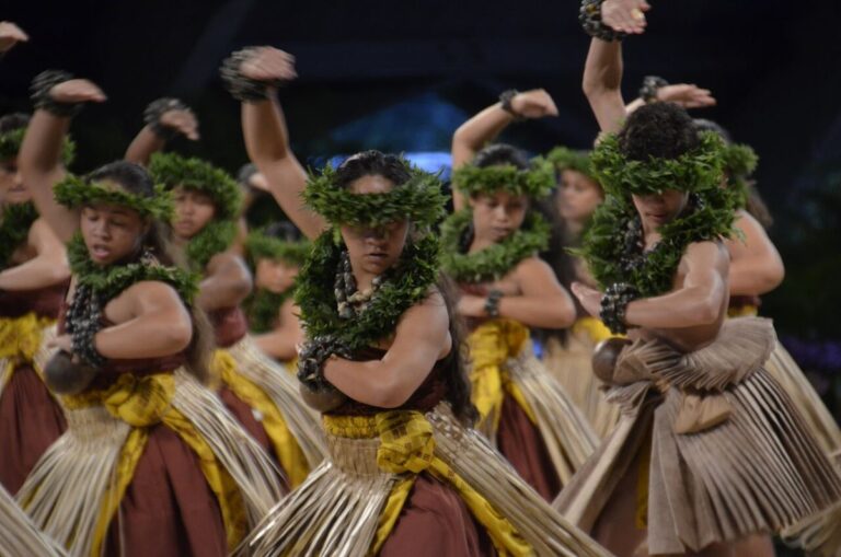 Hula kahiko dancers from Hālau o Kekuhi on stage at the Merrie Monarch Festival 2017