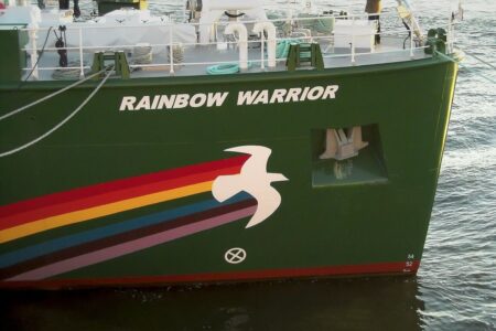 Greenpeace vessel Rainbow Warrier II, in Hamburg harbour, 2011 photo by Mozzihh (CC4) via Wikimedia Commons